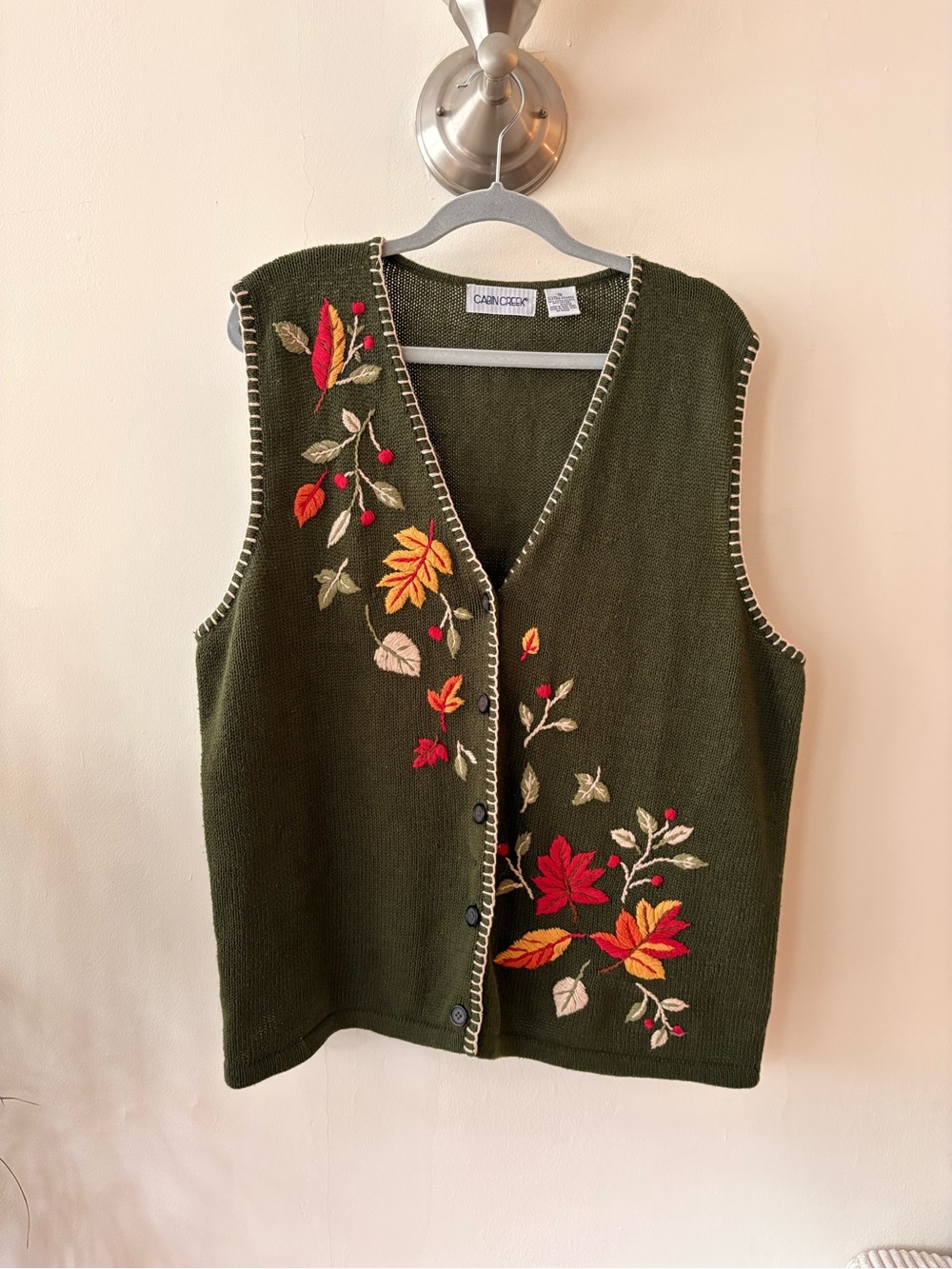 Vintage Cabin Creek Olive Fall Green Embroidered Autumn LeaveFloral Sweater Vest